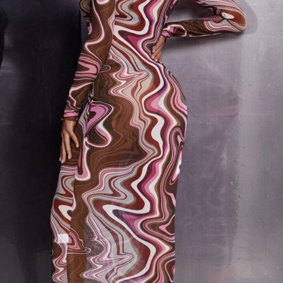 Multi Mesh Swirl Bodycon Midi Dress. Size Large. - Picture 4 of 4